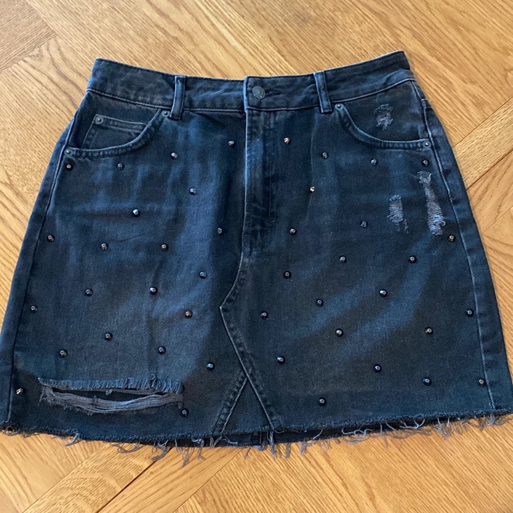 Black denim, UK bought, distressed style Topshop skirt. Great condition. - Picture 1 of 3